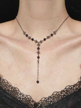 Gothic black pearl and silver rosary necklace
